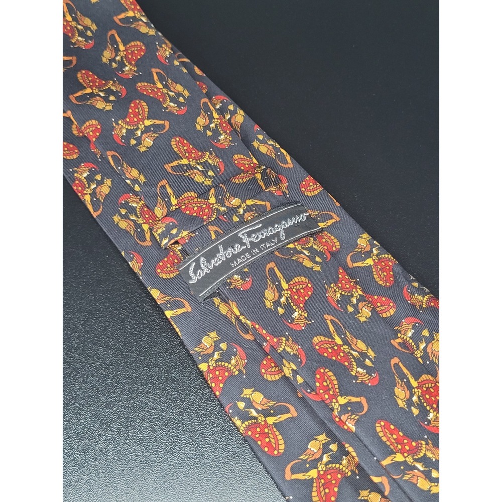 Salvatore Ferragamo Tie Navy Blue Red Yellow Jester Pattern Silk Italy Excellent